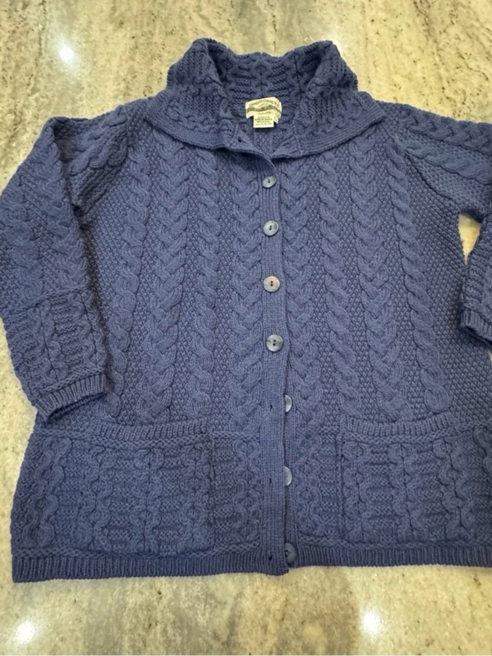 Vintage Aran Crafts Large 100% Merino Wool Cable Knit Sweater Ireland Blue - Picture 1 of 8